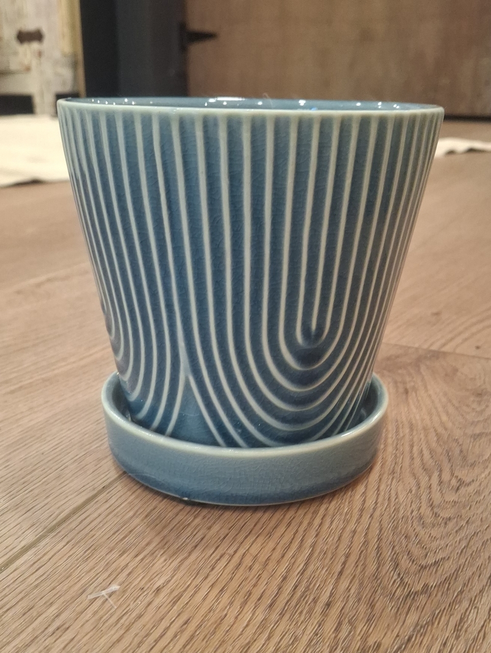 Blue Ceramic Planter with Saucer - Home Art